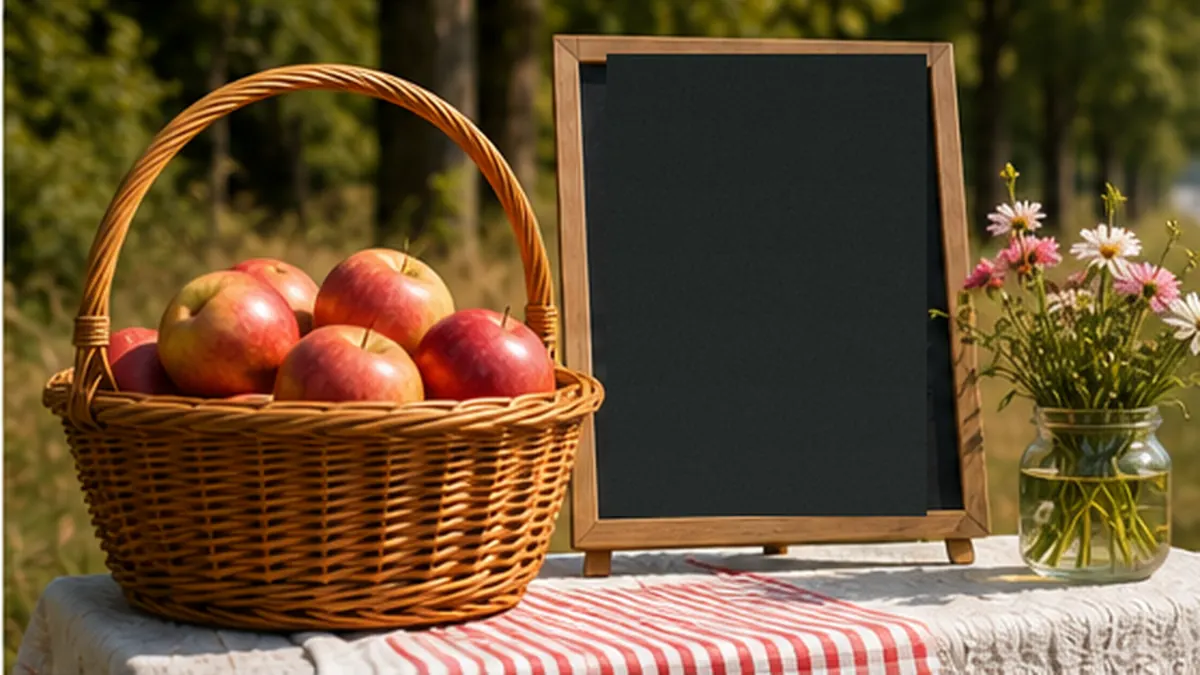 ’n Mandjie vars rooi appels op ’n netjiese tafel langs ’n rustige, veilige pad, met veldblomme en groen bome daarby.
