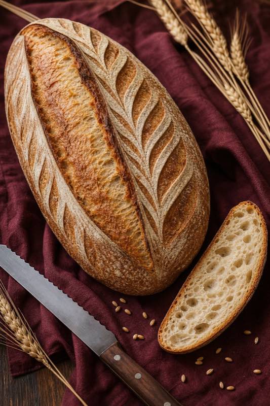 Voorbeeld in portretformaat van ’n suurdeegbrood met blaarsnyding.