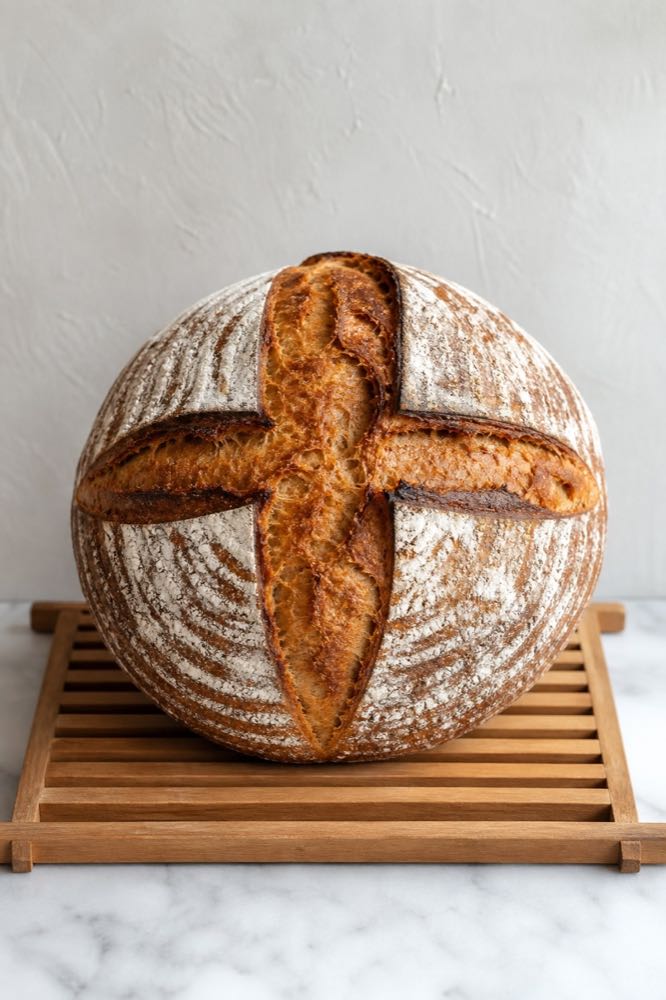 Voorbeeld in portretformaat van ’n ronde suurdeegboule.