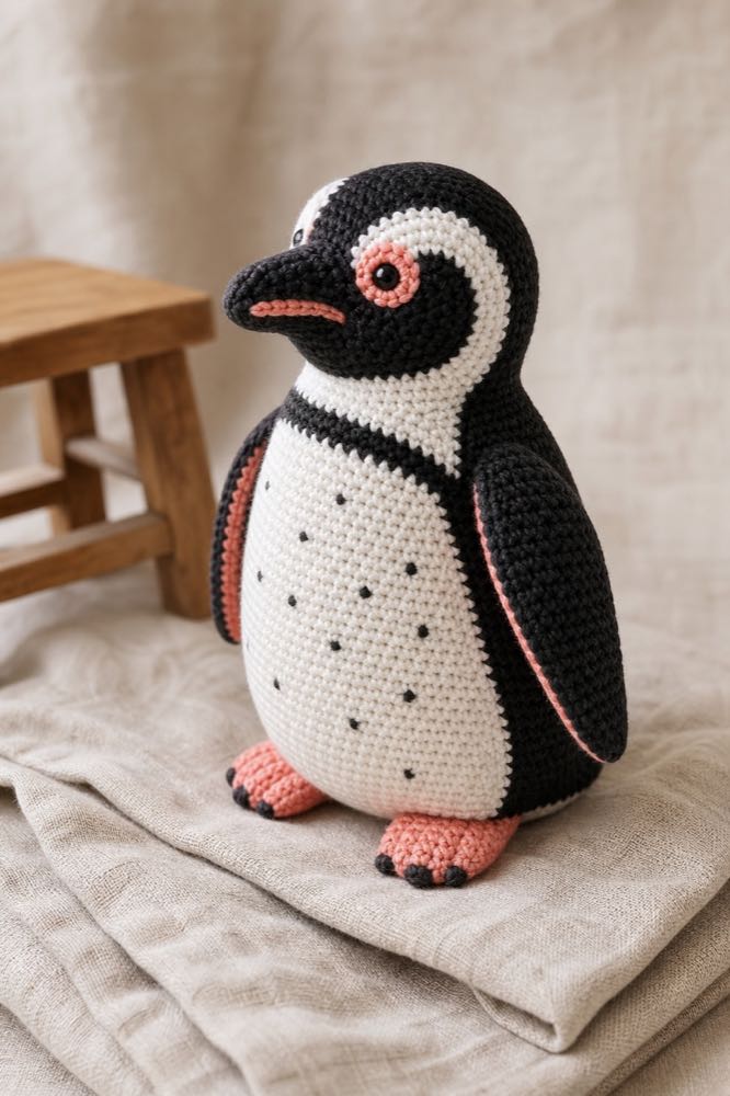 Voorbeeld in portretformaat van ’n gehekelde amigurumi-pikkewyn.