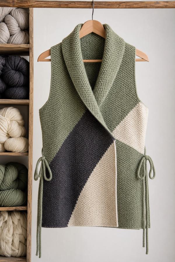 Voorbeeld in portretformaat van ’n saliegroen, room en houtskool kreatiewe gilet.