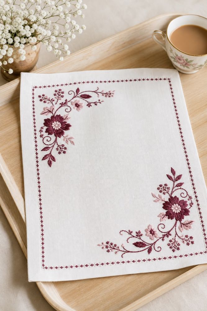 Voorbeeld in portretformaat van ’n geborduurde skinkbordlappie met wynrooi blomme.