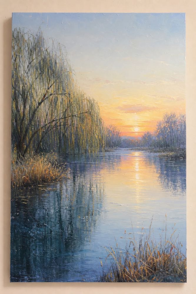Voorbeeld in portretformaat van ’n akriellandskap met ’n rivier en wilgerbome.