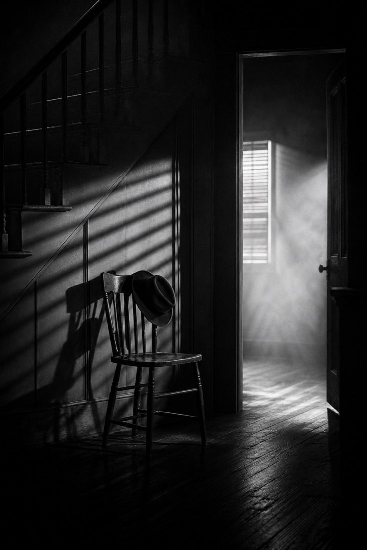 Noirfoto in portretformaat van ’n leë stoel, deur en trappeskaduwees.