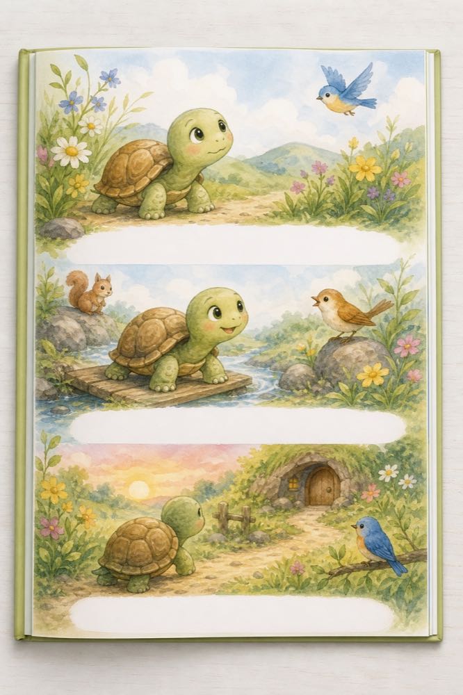 Portretillustrasie van ’n voorskoolse kind se storie oor ’n klein skilpad.