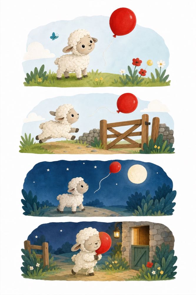 Portretillustrasie van ’n voorskoolse kind se storie oor ’n lammetjie en ’n rooi ballon.