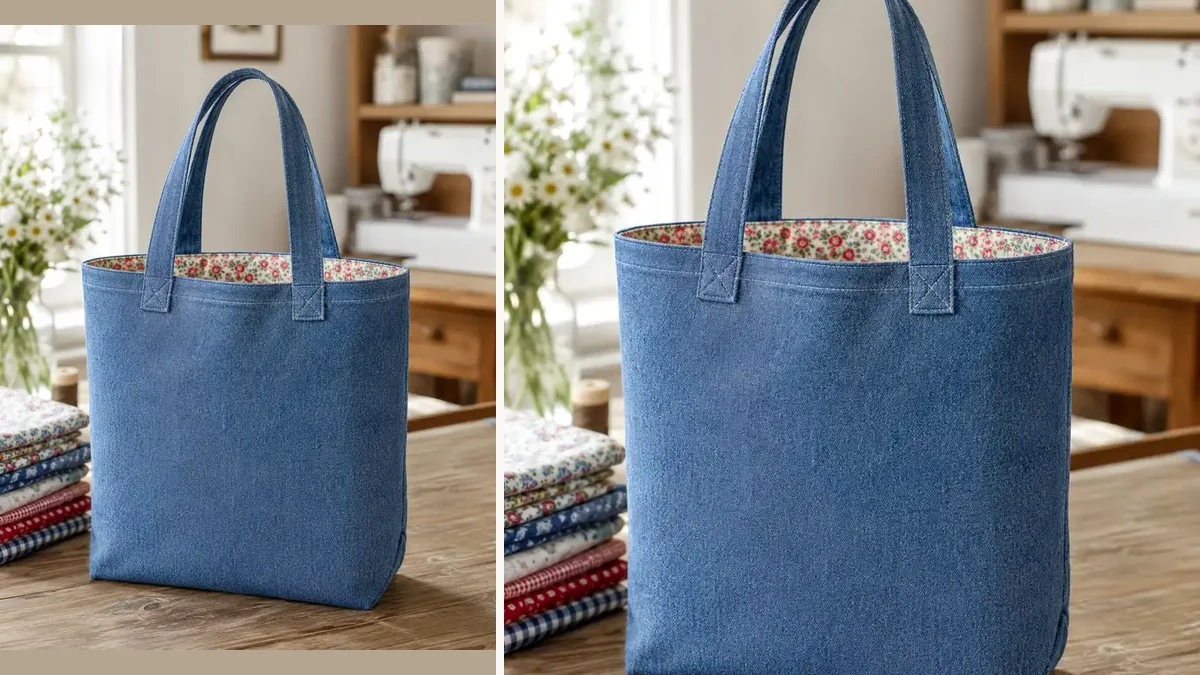 ’n Voltooide donkerblou denimdrasak met stewige handvatsels en ’n blomvoering wat bo uitloer, langs ’n naaimasjien.