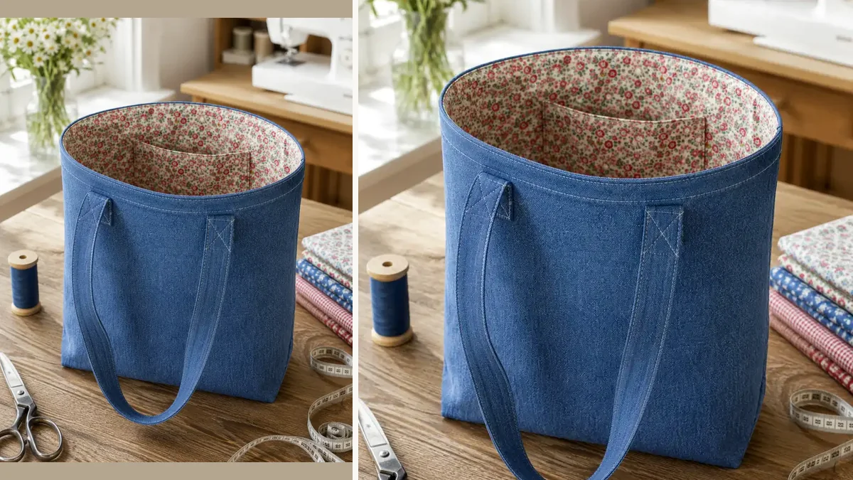 Die oop bokant van ’n denimdrasak wat die netjiese blomvoering, binnesak en versterkte handvatselnate wys.