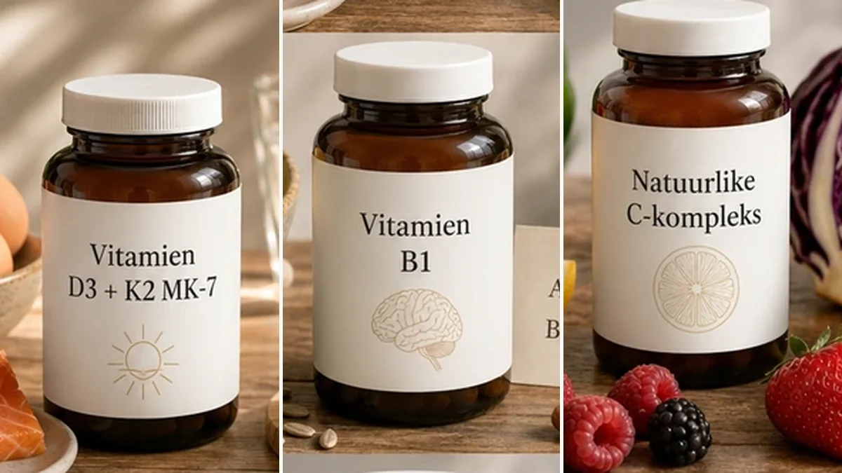 Drie panele met vitamien D3 en K2 MK-7 langs eiers en vis, vitamien B1 langs voedingsgis en neute, en ’n natuurlike vitamien C-kompleks langs vars groente, vrugte en suurkool.