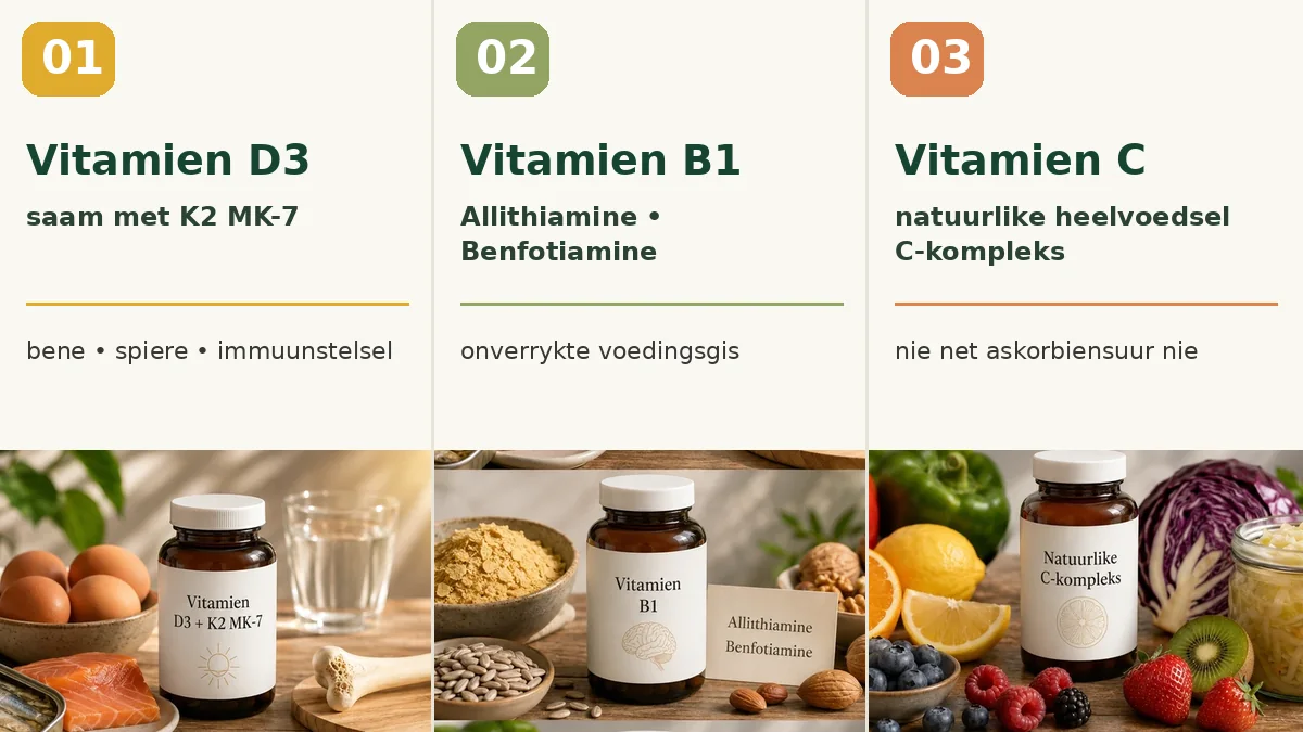 ’n Afrikaanse driedeel-infografika oor vitamien D3 saam met K2 MK-7, vitamien B1 as allithiamine en benfotiamine, en ’n natuurlike heelvoedsel-vitamien C-kompleks.