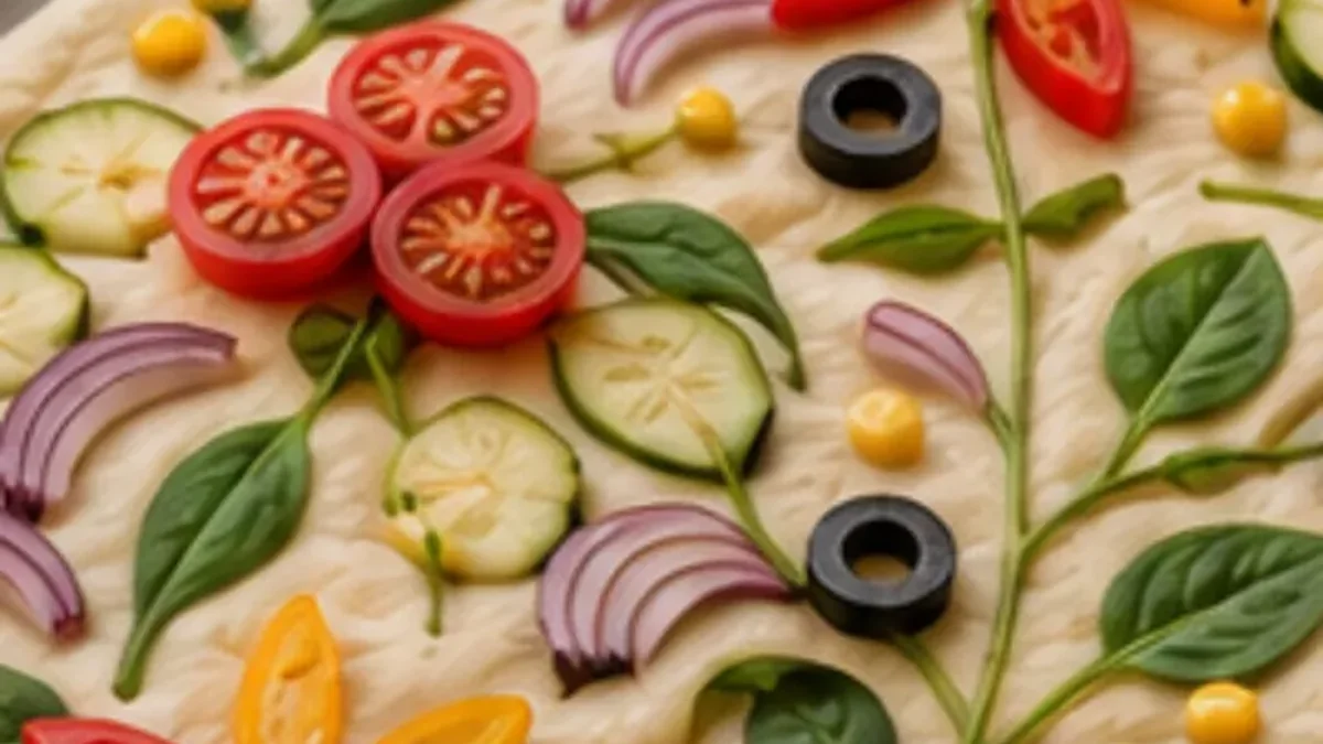 Ongebakte groenteplaatbrood op ’n bakplaat, met tamatie, soetrissie, rooi ui, spinasie, mielies en olywe in tuinpatrone gerangskik.