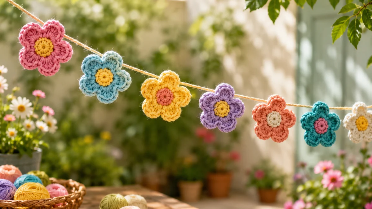 Kleurvolle gehekelde blomme van oorskietwol hang aan ’n tou in ’n sonnige tuin, met bolletjies wol en ’n hekelnaald op ’n houttafel.