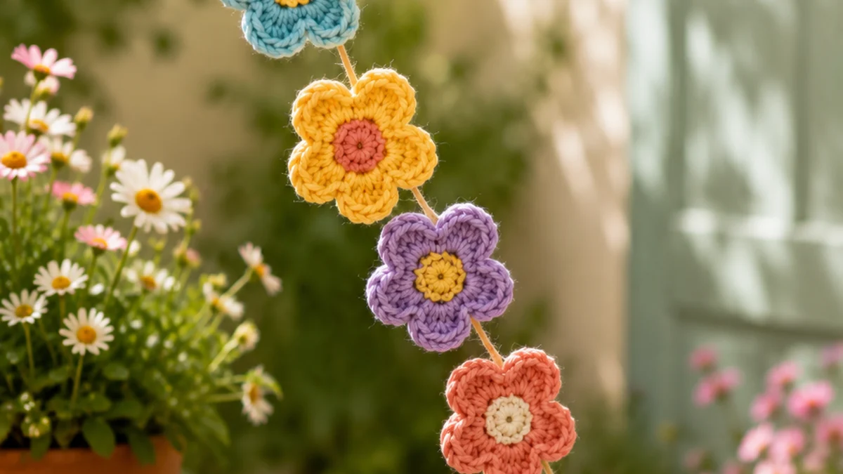 ’n String handgehekelde blomme hang vertikaal tussen tuinblomme, met oorskietwol en ’n hekelnaald onderaan.