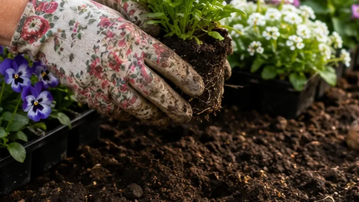 ’n Kleurvolle lentetuin met jong plante en blomme.