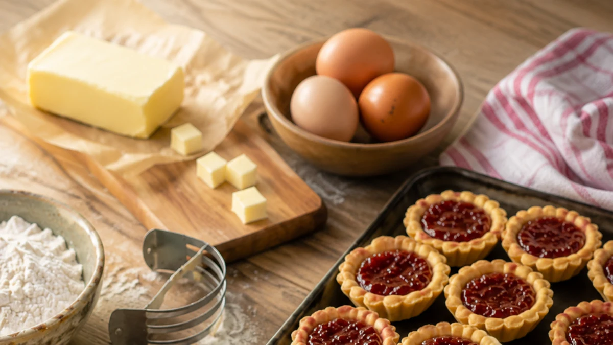 Mini-jamtertjies op ’n bakplaat met botter, eiers en konfyt naby vir die bakproses.