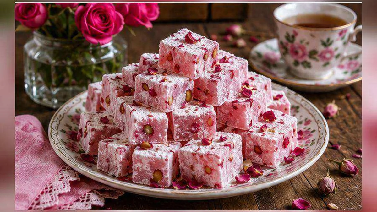Pienk roos-Turkse lekkers met pistachioneute en versiersuiker op ’n blomporseleinbord langs ’n koppie tee.