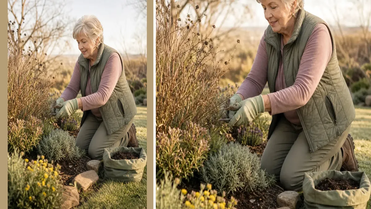 ’n Ouer vrou snoei wintergroei in ’n netjiese tuin met waterwyse plante.